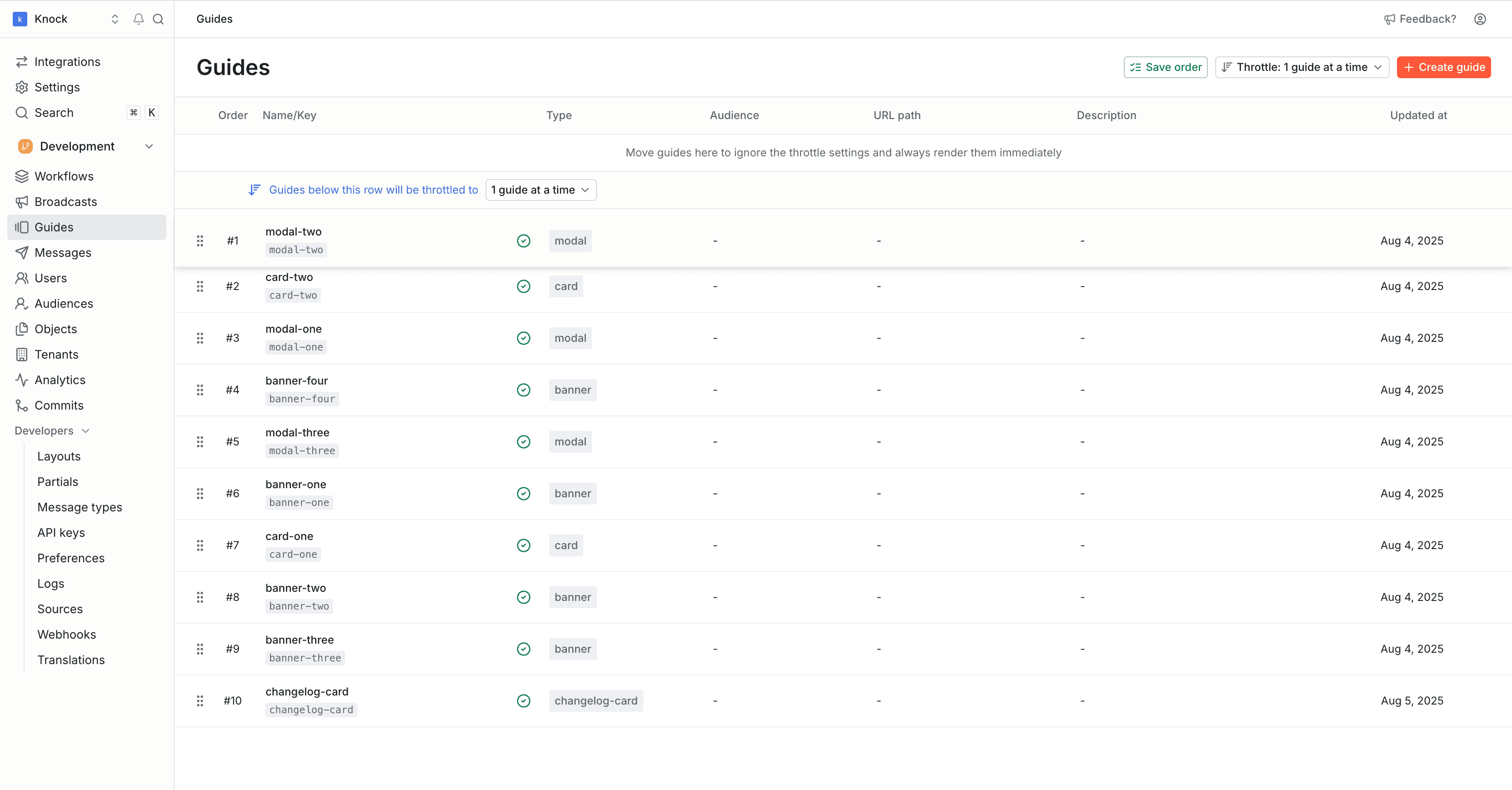 Setting guide order in the Knock dashboard